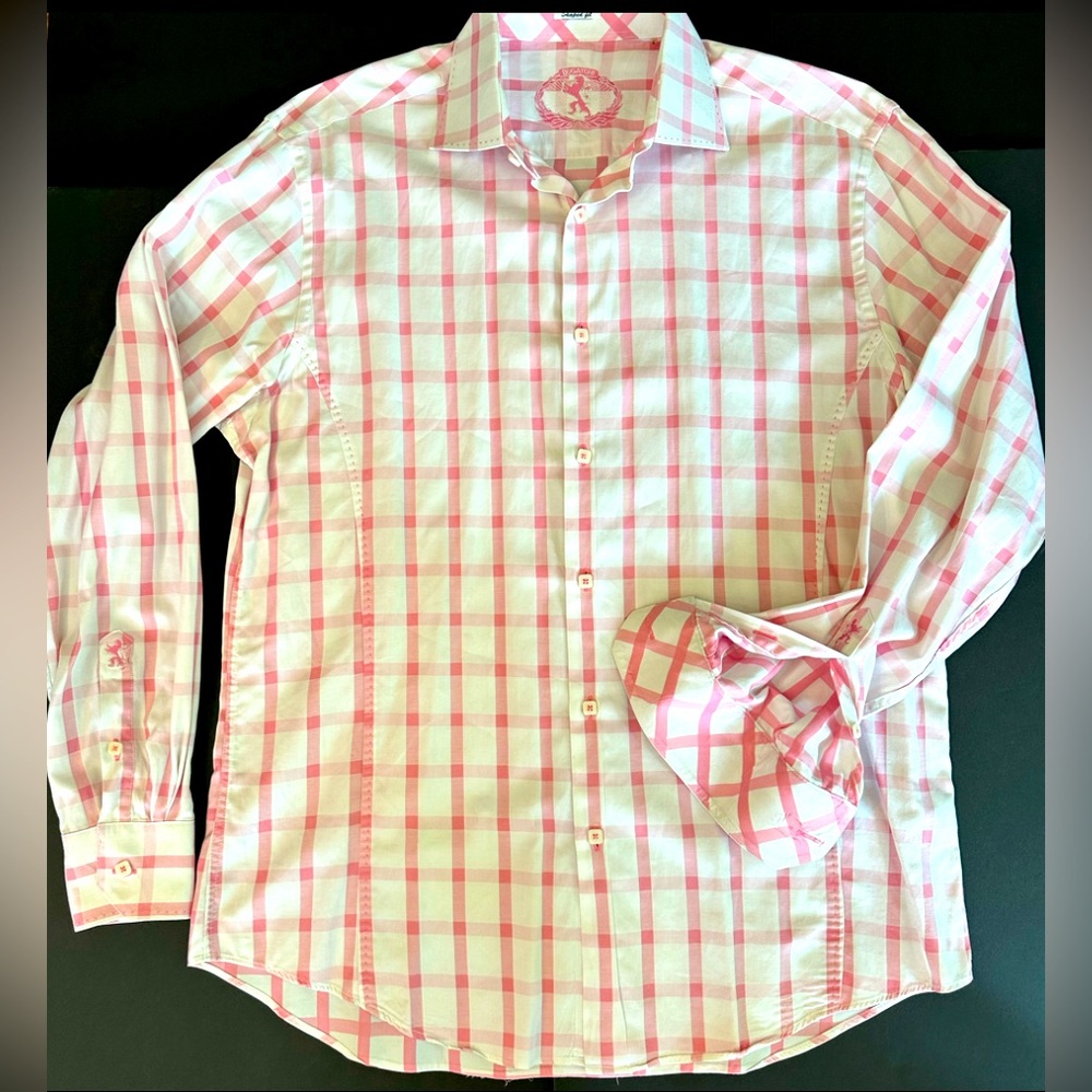 Bugatchi 100% Cotton Shirt Large Shaped Fit White Pink Stripes Authentic